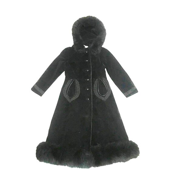 VTG Neiman Marcus Womens Black Velvet Shearling Trim Long Coat Size 4 USA - Picture 1 of 16